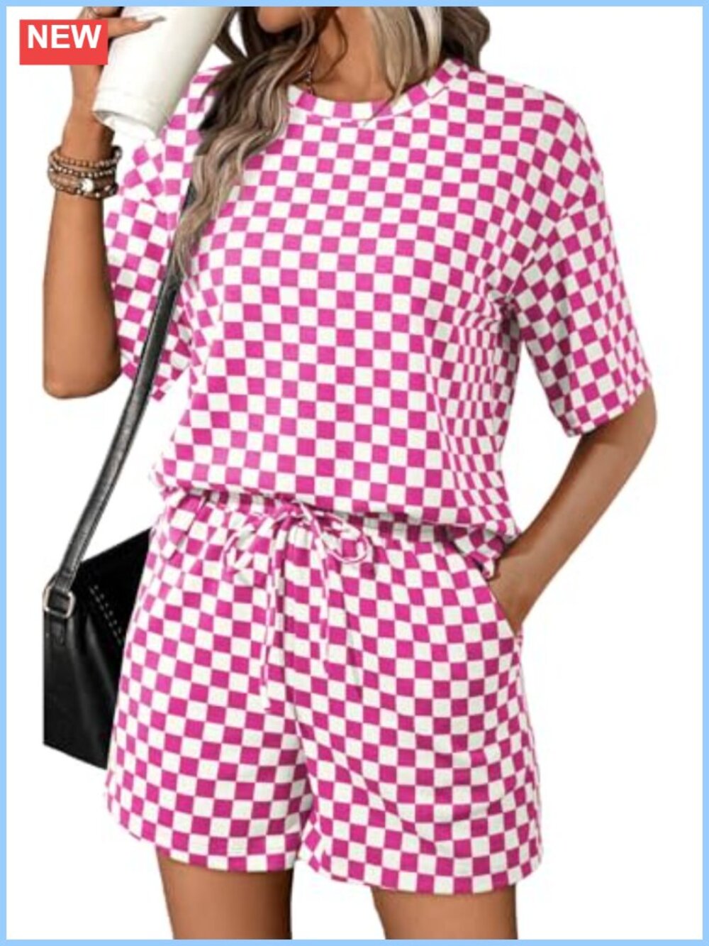 Plaid Two Piece Short Set Crew Neck Pockets Loose Fit Drawstring